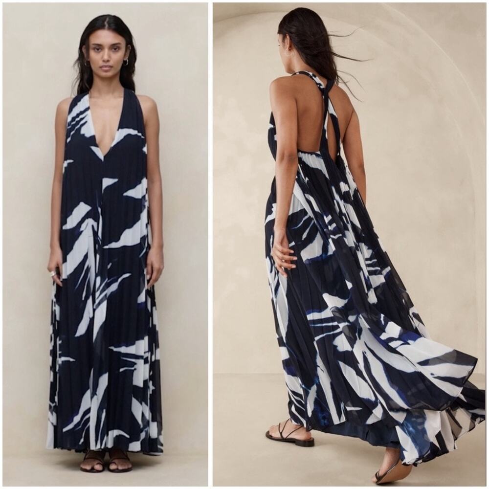 Banana Republic Odetta Accordion Pleated Maxi Dress Floral Sleeveless Open Back